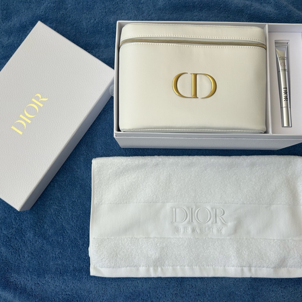 Dior Cream Cosmetic Pouch, box, towel, and Hyalushot